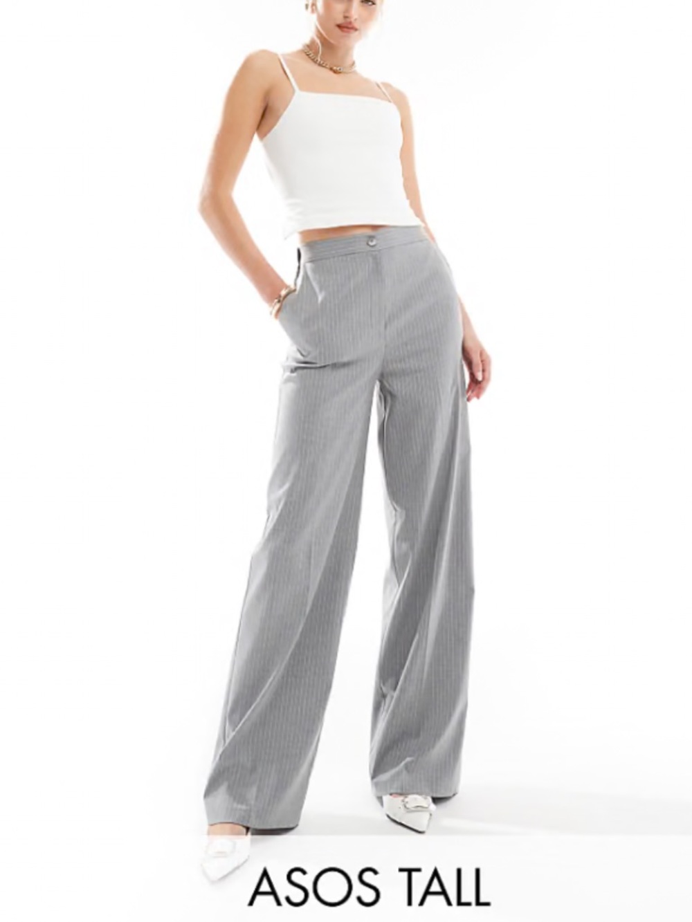 ASOS DESIGN Tall Gray Pinstripe Wide Leg Dad Trousers Size 10 Tall